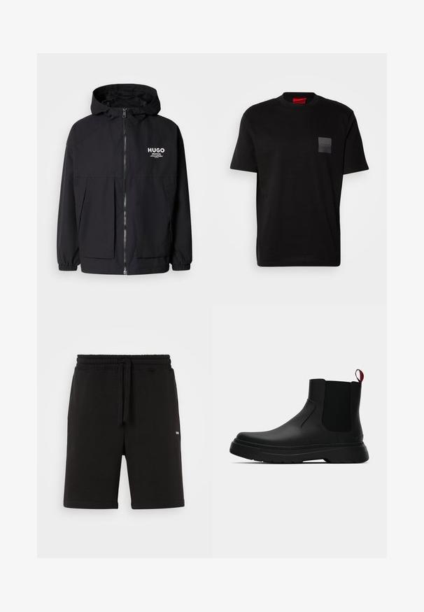 Jachetă neagră cu glugă, având un fermoar complet pe față, manșete elastice și două buzunare frontale. Logo imprimat pe partea stângă a pieptului. Textură netedă.; Cămașă T-shirt din bumbac negru cu guler rotund, având o păpatch neagră texturată cu logo pe pieptul stâng. Mâneci scurte și croială relaxată.; Pantaloni scurți negri din bumbac, cu talie elastică și șnur de strângere. Dispune de buzunare laterale și un logo mic pe față. Textură netedă.; Botine negre până la gleznă, cu un finisaj neted, panouri laterale elastice și un tab de prindere roșu contrastant, având o talpă groasă din cauciuc și vârf rotunjit.