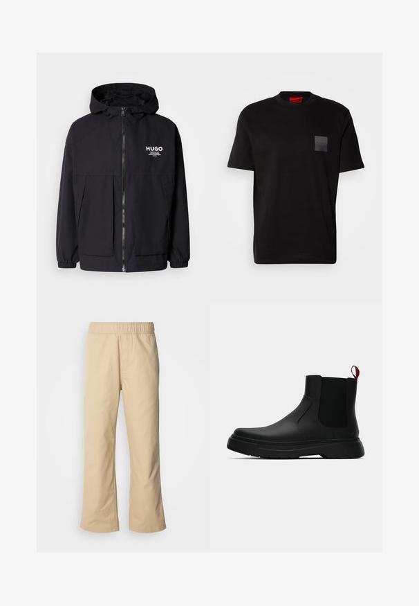 Črna kapuca jakna z full front zadrgo, elastičnimi manšetami in dvema sprednjima žepoma. Natisnjena logo na levi prsni strani. Gladka tekstura.; Črna bombažna majica s kratkimi rokavi in okroglim ovratnikom, z označeno teksturirano črno nalepko na levem prsnem delu. Ohlapen kroj.; Bež široke hlače z elastičnim pasom, narejene iz gladkega bombažnega blaga, z bočnimi žepi in ravnim krojem.; Črne gležnjarje z gladkim zaključkom, elastičnimi stranskimi paneli in kontrastnim rdečim izvlečnim trakom, ki vključujejo debel gumijast podplat in zaobljen nos.