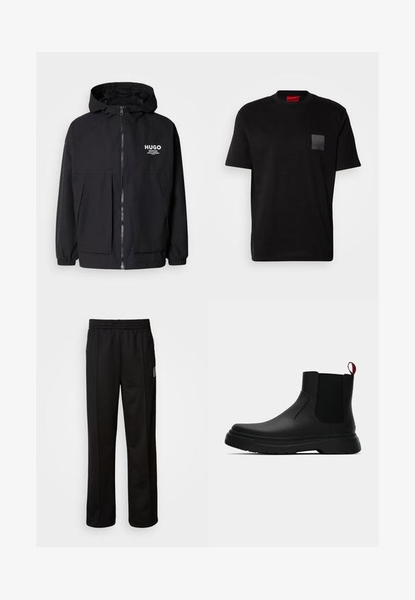 Fekete kapucnis dzseki, teljes elülső cipzárral, elasztikus mandzsettákkal és két elülső zsebbel. Nyomtatott logó a bal mellen. Simább textúra.; Fekete pamut póló kerek nyakkal, bal mellrészen textúrázott fekete folttal, amelyen logó látható. Rövid ujjak és laza fazon jellemzi.; Calvin Klein STRIPE - Tréningruha alsók - black; Fekete bokacipő sima felülettel, ruganyos oldalsó panelek és kontrasztos piros húzópánt jellemzi, vastag gumitalppal és lekerekített orral.
