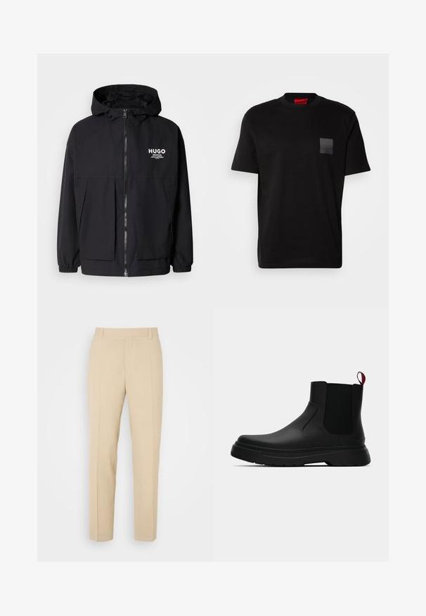 Černá kapucňová bunda s plným předním zipem, elastickými manžetami a dvojitými předními kapsami. Tištěné logo na levém prsu. Hladká textura.; Černé bavlněné tričko s kulatým výstřihem, na přední části s texturovaným černým nášivkem loga na levé hrudi. Krátké rukávy a volný střih.; Béžové kalhoty na míru se středním střihem, vyrobené z lehké látky, obsahující dvě přední kapsy a upravené sklady.; Černé kotníkové boty s hladkým povrchem, elastickými bočními panely a kontrastním červeným poutkem, s tlustou gumovou podrážkou a zaoblenou špičkou.