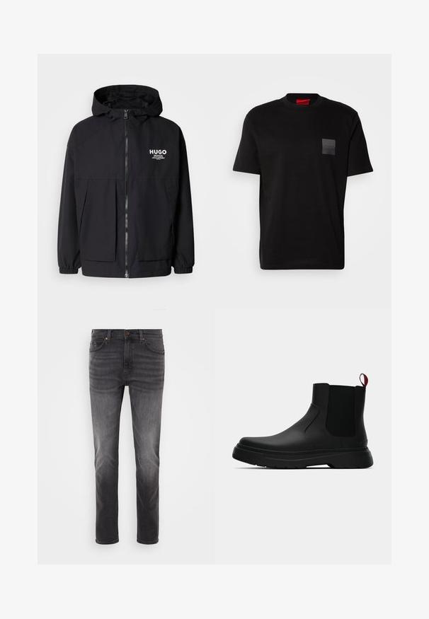 Czarna kurtka z kapturem z pełnym zamkiem z przodu, elastycznymi mankietami i podwójnymi kieszeniami z przodu. Drukowane logo na lewej piersi. Gładka faktura.; Czarny bawełniany T-shirt z okrągłym dekoltem, z teksturowaną czarną naszywką z logo na lewej piersi. Krótkie rękawy i luźny krój.; Ciemnoniebieskie dżinsy z wyblakłym czarnym odcieniem, prosty krój nogawki, pięć kieszeni i miedziowane akcesoria. Gładka faktura z delikatnym przetarciem.; Czarny botek za kostkę o gładkim wykończeniu, z elastycznymi bocznymi panelami i kontrastującą czerwoną pętelką, z grubą gumową podeszwą i zaokrąglonym noskiem.