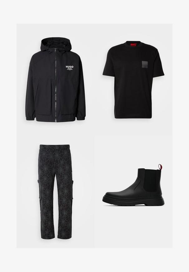 Crna kapuljača s punim prednjim zatvaračem, elastičnim rukavima i dvostrukim prednjim džepovima. Ispisani logo na lijevoj strani prsnog koša. Glatka tekstura.; Crna pamučna majica s okruglim izrezom, s teksturiranim crnim logotipom na lijevoj prednjoj strani. Kratki rukavi i opušteni kroj.; Crne cargo hlače od tkanine s uzorkom paučine u tamno sivoj boji; imaju bočne džepove i ležeran kroj s ravnim nogavicama.; Crni gležnjači s glatkom površinom, elastičnim bočnim panelima i kontrastnom crvenom vučnom petljom, s debelim gumenim potplatom i zaobljenim vrhom.