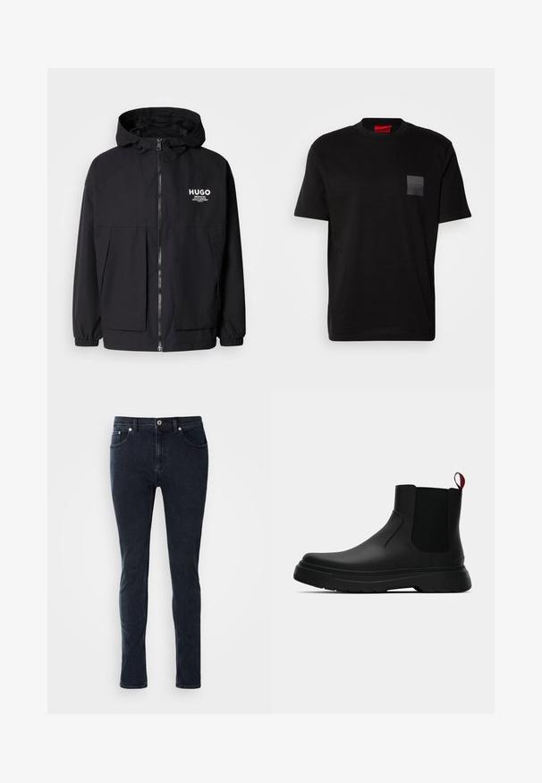 Chaqueta negra con capucha que presenta un cierre frontal completo, puños elásticos y dos bolsillos frontales. Logo impreso en el lado izquierdo del pecho. Textura suave.; Camiseta de algodón negra con cuello redondo, con un parche texturizado negro con el logo en el lado izquierdo del pecho. Mangas cortas y corte relajado.; Vaqueros de mezclilla azul oscuro con corte slim, que cuentan con un cierre de botón, cinco bolsillos y detalles de costura sutiles.; Botín negro con un acabado liso, paneles laterales elásticos y una lengüeta de tirón roja contrastante, que presenta una suela de goma gruesa y punta redondeada.