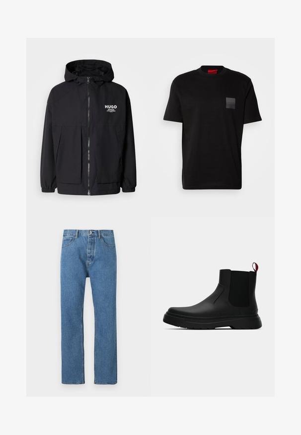 Svart huva jacka med full dragkedja fram, elastiska ärmslut och dubbla framfickor. Tryckt logotyp på vänster bröst. Slät textur.; Svart bomullströja med rund halsringning, med en texturerad svart lappar med logo på vänster bröst. Korta ärmar och avslappnad passform.; Ljusblå jeans i denim med rak skärning, fem fickor, knappstängning och subtila sömndetaljer längs sömmarna.; Svarta ankelstövlar med en slät yta, elastiska sidopaneler och en kontrasterande röd dragflik, med en tjock gummisula och rund tå.