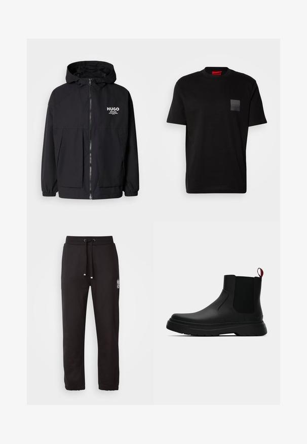 Črna kapuca jakna z full front zadrgo, elastičnimi manšetami in dvema sprednjima žepoma. Natisnjena logo na levi prsni strani. Gladka tekstura.; Črna bombažna majica s kratkimi rokavi in okroglim ovratnikom, z označeno teksturirano črno nalepko na levem prsnem delu. Ohlapen kroj.; Črne trenirke z elastičnim pasom, vrvico in zoženimi manšetami. Imajo majhen bel logotip na eni strani. Narejene so iz mehkega materiala.; Črne gležnjarje z gladkim zaključkom, elastičnimi stranskimi paneli in kontrastnim rdečim izvlečnim trakom, ki vključujejo debel gumijast podplat in zaobljen nos.
