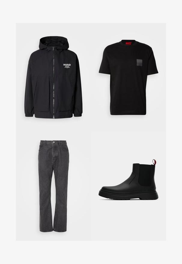 Schwarze Kapuzenjacke mit einem durchgehenden Reißverschluss an der Vorderseite, elastischen Bündchen und zwei vorderen Taschen. Bedrucktes Logo auf der linken Brust. Glatte Textur.; Schwarzes Baumwoll-T-Shirt mit Rundhalsausschnitt, versehen mit einem strukturierten schwarzen Patch mit Logo auf der linken Brust. Kurze Ärmel und entspannter Schnitt.; Schwarze Jeans aus Denim mit geradem Bein-Design, ausgestattet mit einem vorderen Knopfverschluss, Gürtelschlaufen und subtilen Ausbleichungen für mehr Struktur.; Schwarze Knöchelstiefel mit glatter Oberfläche, elastischen Seitenpaneelen und einem kontrastierenden roten Zuglasche, ausgestattet mit einer dicken Gummisohle und einer runden Zehenpartie.