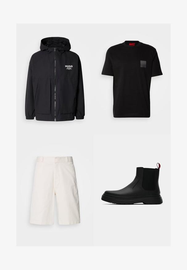 Svart hettegenser med full frontglidelås, elastiske mansjetter og doble frontlommer. Trykt logo på venstre bryst. Glatt tekstur.; Svart bomull T-skjorte med rund hals, med et teksturert svart merke med logo på venstre bryst. Korte ermer og avslappet passform.; Hvite bomullsshorts med en avslappet passform, med to frontlommer, glidelås og en jevn tekstur. Ren, enkel design uten mønstre.; Sorte ankelstøvler med en glat overflade, elastiske sidepaneler og en kontrastfyldt rød trækflik, med en tykk gummisål og rund tå.