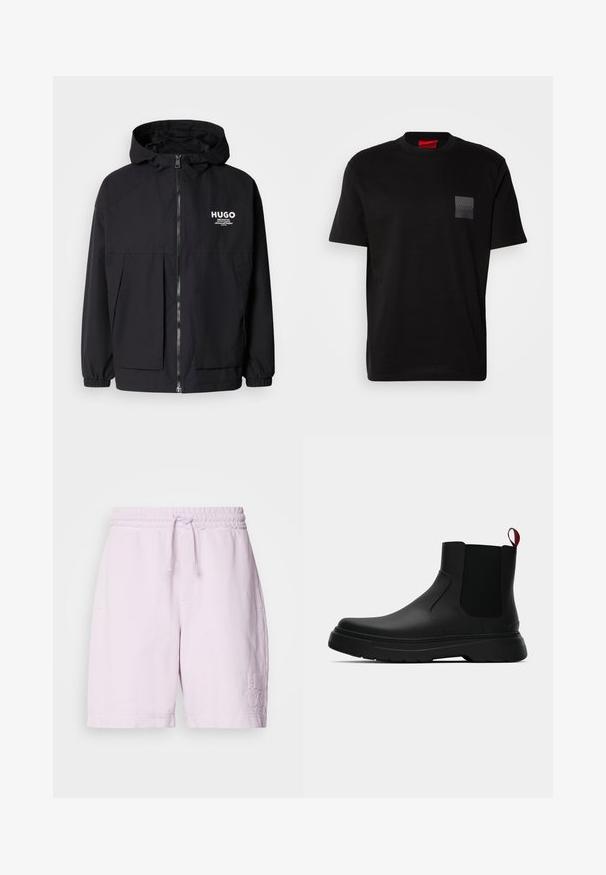 Čierna kapucňová bunda s plným predným zipsom, elastickými manžetami a dvojitými prednými vreckami. Tlačené logo na ľavej hrudi. Hladký povrch.; Čierne bavlnené tričko s okrúhlym výstrihom, s textúrovanou čiernou nášivkou s logom na ľavej hrudi. Krátke rukávy a voľný strih.; Ružové bavlnené šortky s elastickým pásom a šnúrkou, prednými vreckami a vyšitým logom "HUGO" na ľavom stehne.; Čierne členkové topánky s hladkým povrchom, elastickými bočnými panelmi a kontrastným červeným poutkom, vybavené hrubou gumovou podrážkou a zaoblenou špičkou.