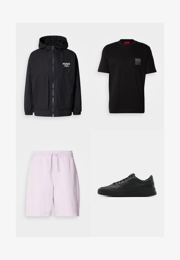 Zwarte hoodie-jack met een volledige rits aan de voorkant, elastische manchetten en twee voorzakken. Gedrukt logo op de linkerborst. Glad textuur.; Zwart katoenen T-shirt met een ronde hals, met een gestructureerde zwarte patch met logo op de linkerborst. Korte mouwen en een ontspannen pasvorm.; Roze katoenen short met een elastische tailleband en trekkoord, met voorzakken en geborduurd "HUGO" logo op het linker been.; Zwarte sneaker met een glad leren bovenwerk, ronde neus, platte veters, gewatteerde kraag en minimalistisch design. Rubberen zool met een subtiel profiel.