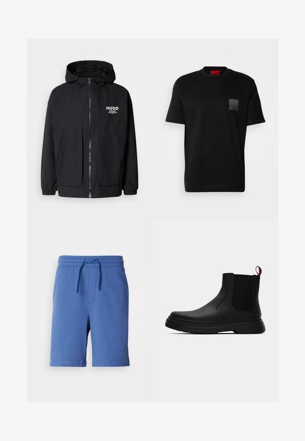 Zwarte hoodie-jack met een volledige rits aan de voorkant, elastische manchetten en twee voorzakken. Gedrukt logo op de linkerborst. Glad textuur.; Zwart katoenen T-shirt met een ronde hals, met een gestructureerde zwarte patch met logo op de linkerborst. Korte mouwen en een ontspannen pasvorm.; Blauwe katoenen shorts met een elastische tailleband, trekkoord en zijzak. Zachte textuur, knielange uitstraling, minimale merkdetails.; Zwarte enkelboot met een gladde afwerking, elastische zijpanelen en een contrasterende rode treklus, met een dikke rubberen zool en een afgeronde teen.