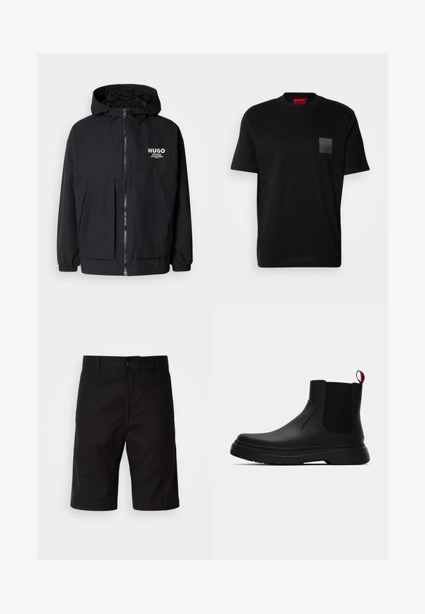 Mustat hupparitakki, jossa on täysipituinen vetoketju, joustavat hihansuut ja kaksinkertaiset etupussit. Vasemmassa rinnassa painettu logo. Sileä tekstuuri.; Mustan puuvillan T-paita, jossa on pyöreä kaula-aukko. Vasemmassa rinnassa on teksturoitu musta päällyste, jossa on logo. Lyhyet hihat ja rento istuvuus.; Mustat shortsit, jotka on valmistettu tiheästä kankaasta, suoran leikkauksen omaavat, napilla suljettavat ja sileäpintaiset ilman näkyviä kuvioita.; Musta nilkkuri, jossa on sileä pinta, elastiset sivupaneelit ja erottuva punainen vetonauha, paksu kumipohja ja pyöristetty varvas.