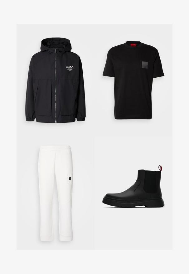 Schwarze Kapuzenjacke mit einem durchgehenden Reißverschluss an der Vorderseite, elastischen Bündchen und zwei vorderen Taschen. Bedrucktes Logo auf der linken Brust. Glatte Textur.; Schwarzes Baumwoll-T-Shirt mit Rundhalsausschnitt, versehen mit einem strukturierten schwarzen Patch mit Logo auf der linken Brust. Kurze Ärmel und entspannter Schnitt.; Weiße Jogginghosen mit elastischem Bund, schmal zulaufenden Beinen, strukturiertem Stoff und geprägtem "HUGO"-Logo am linken Oberschenkel.; Schwarze Knöchelstiefel mit glatter Oberfläche, elastischen Seitenpaneelen und einem kontrastierenden roten Zuglasche, ausgestattet mit einer dicken Gummisohle und einer runden Zehenpartie.