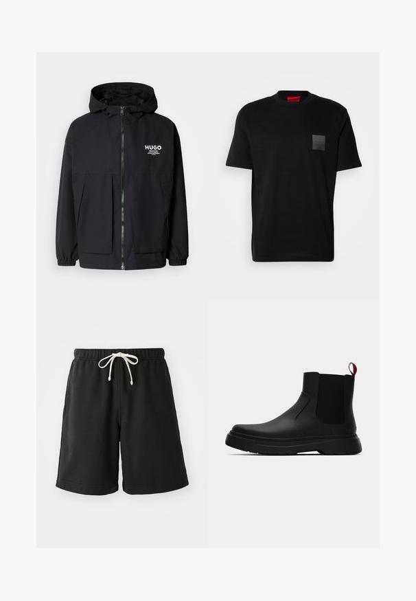 Juodas gobtuvas striukė su pilnu priekiniu užtrauktuku, elastinėmis rankovėmis ir dviem priekinėmis kišenėmis. Spausdintas logo ant kairės krūtinės. Lygus tekstūruotas paviršius.; Juodas medvilnės marškinėliai su apvalia iškirpte, su tekstūruotu juodu uždėklu su logotipu kairėje krūtinės pusėje. Trumpomis rankovėmis ir laisvu fasonu.; Juodi sportiniai šortai, pagaminti iš minkštos medžiagos, su elastingu juosmeniu, kreminės spalvos raišteliu ir šoninėmis kišenėmis.; Juodas kulkšninis batas su lygiu paviršiumi, elastiniais šonų intarpais ir kontrastingu raudonu kilimėliu, turintis storą guminį pado ir apvalią nosį.