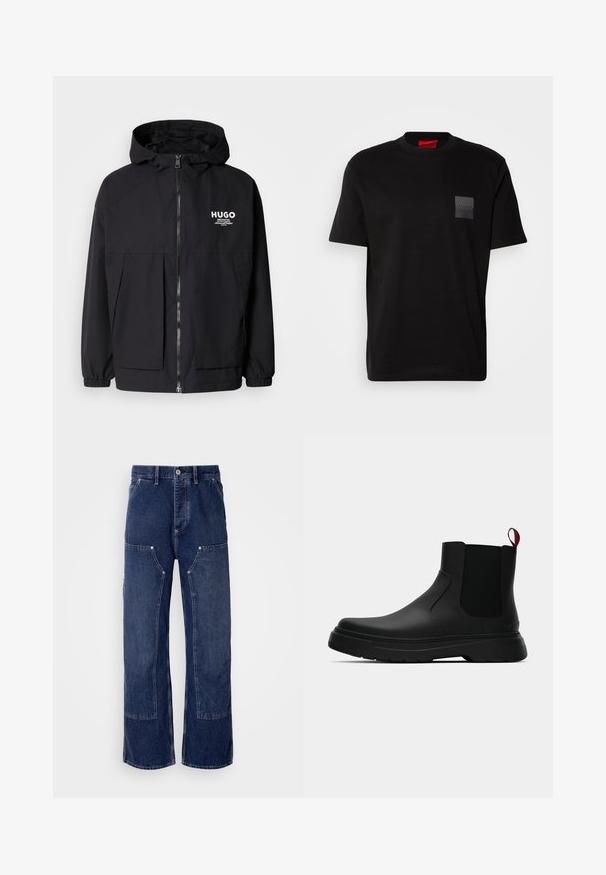 Črna kapuca jakna z full front zadrgo, elastičnimi manšetami in dvema sprednjima žepoma. Natisnjena logo na levi prsni strani. Gladka tekstura.; Črna bombažna majica s kratkimi rokavi in okroglim ovratnikom, z označeno teksturirano črno nalepko na levem prsnem delu. Ohlapen kroj.; Široke temno modre kavbojke z kontrastnimi paneli, sprednjimi žepi in kovinskim gumbom za zapiranje. Teksturovana tkanina z vidnimi šivi.; Črne gležnjarje z gladkim zaključkom, elastičnimi stranskimi paneli in kontrastnim rdečim izvlečnim trakom, ki vključujejo debel gumijast podplat in zaobljen nos.