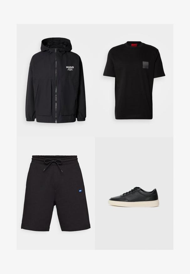 Melnā kapuce jaka ar pilnu priekšējo rāvējslēdzēju, elastīgām piedurknēm un divām priekšējām kabatām. Izdrukāts logo kreisajā krūtī. Gluda tekstūra.; Melnas kokvilnas T-kreklu ar apaļu kakla izgriezumu, ar strukturētu melnu uzšuvi ar logotipu kreisajā krūtī. Īsās piedurknes un brīvs piegriezums.; Melnas kokvilnas šortus ar aukliņas jostu, kas aprīkoti ar sānu kabatām un mazu zilu logo uzšuvumu priekšpusē. Gluda tekstūra.; Melnas zemas ādas sporta kurpes ar melnām auklām un off-white zoli, rādītas no sānu profila uz baltā fona.