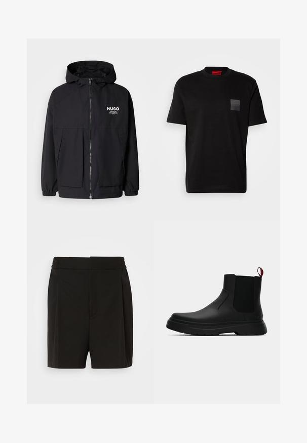 Fekete kapucnis dzseki, teljes elülső cipzárral, elasztikus mandzsettákkal és két elülső zsebbel. Nyomtatott logó a bal mellen. Simább textúra.; Fekete pamut póló kerek nyakkal, bal mellrészen textúrázott fekete folttal, amelyen logó látható. Rövid ujjak és laza fazon jellemzi.; Fekete rövidnadrág sima anyagból, pletykás elülső dizájnnal és rugalmas derékkal. Egyenes szabású lábak biztosítják a laza fitet.; Fekete bokacipő sima felülettel, ruganyos oldalsó panelek és kontrasztos piros húzópánt jellemzi, vastag gumitalppal és lekerekített orral.