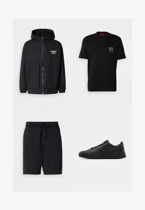 Melnā kapuce jaka ar pilnu priekšējo rāvējslēdzēju, elastīgām piedurknēm un divām priekšējām kabatām. Izdrukāts logo kreisajā krūtī. Gluda tekstūra.; Melnas kokvilnas T-kreklu ar apaļu kakla izgriezumu, ar strukturētu melnu uzšuvi ar logotipu kreisajā krūtī. Īsās piedurknes un brīvs piegriezums.; Melni kokvilnas šorti ar elastīgu jostasvīru un aukliņu. Funkcijas sānu kabatas un smalkas uzspieduma zīmola atzīmes apakšējā kreisajā kājā.; Melnās kedas ar gludu ādas augšpusi, apaļu purngalu, plakaniem šņorēm, mīkstinātu apkakli un minimālistisku dizainu. Gumijas zole ar smalku rakstu.