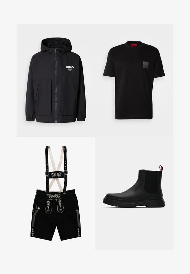 Schwarze Kapuzenjacke mit einem durchgehenden Reißverschluss an der Vorderseite, elastischen Bündchen und zwei vorderen Taschen. Bedrucktes Logo auf der linken Brust. Glatte Textur.; Schwarzes Baumwoll-T-Shirt mit Rundhalsausschnitt, versehen mit einem strukturierten schwarzen Patch mit Logo auf der linken Brust. Kurze Ärmel und entspannter Schnitt.; Schwarze Wildleder-Lederhosen mit gestickten Blumenmustern, verstellbaren Trägern, silbernen Knöpfen und Seitentaschen. Akzente aus silbernem Faden.; Schwarze Knöchelstiefel mit glatter Oberfläche, elastischen Seitenpaneelen und einem kontrastierenden roten Zuglasche, ausgestattet mit einer dicken Gummisohle und einer runden Zehenpartie.