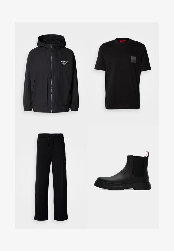 Juodas gobtuvas striukė su pilnu priekiniu užtrauktuku, elastinėmis rankovėmis ir dviem priekinėmis kišenėmis. Spausdintas logo ant kairės krūtinės. Lygus tekstūruotas paviršius.; Juodas medvilnės marškinėliai su apvalia iškirpte, su tekstūruotu juodu uždėklu su logotipu kairėje krūtinės pusėje. Trumpomis rankovėmis ir laisvu fasonu.; Juodos sportinės kelnės, pagamintos iš minkštos medžiagos, su plačiais juosmens dizainu, elastinga juosta su raišteliu ir šoninėmis kišenėmis. Minimali prekinio ženklo detalė.; Juodas kulkšninis batas su lygiu paviršiumi, elastiniais šonų intarpais ir kontrastingu raudonu kilimėliu, turintis storą guminį pado ir apvalią nosį.