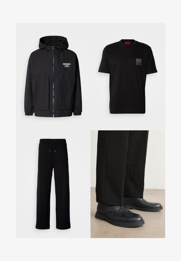Mustat hupparitakki, jossa on täysipituinen vetoketju, joustavat hihansuut ja kaksinkertaiset etupussit. Vasemmassa rinnassa painettu logo. Sileä tekstuuri.; Mustan puuvillan T-paita, jossa on pyöreä kaula-aukko. Vasemmassa rinnassa on teksturoitu musta päällyste, jossa on logo. Lyhyet hihat ja rento istuvuus.; Mustat collegehousut, jotka on valmistettu pehmeästä kankaasta, leveällä lahkeella, elastisella vyötäröllä, jossa on nauhakuja, sekä sivutaskuilla. Minimiaalinen brändäys.; Mustat nahkakengät, joissa on pyöreä kärki, litteä pohja ja minimaalinen koristelu. Yhdistettyihin korkealaatuisesti tehtyihin mustiin housuihin, jotka näyttävät sileiltä.