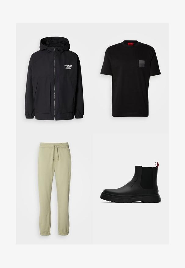 Čierna kapucňová bunda s plným predným zipsom, elastickými manžetami a dvojitými prednými vreckami. Tlačené logo na ľavej hrudi. Hladký povrch.; Čierne bavlnené tričko s okrúhlym výstrihom, s textúrovanou čiernou nášivkou s logom na ľavej hrudi. Krátke rukávy a voľný strih.; Svetlozelené teplákové nohavice s elastickým pásom, nastaviteľnou šnúrkou a zbernými manžetami. Vyrobené z mäkkého materiálu, so minimalistickým dizajnom.; Čierne členkové topánky s hladkým povrchom, elastickými bočnými panelmi a kontrastným červeným poutkom, vybavené hrubou gumovou podrážkou a zaoblenou špičkou.