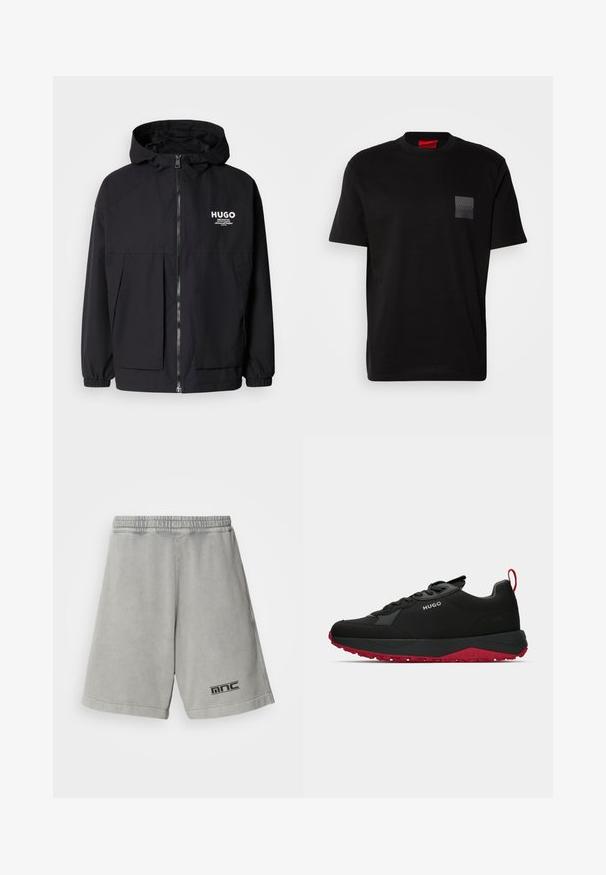 Czarna kurtka z kapturem z pełnym zamkiem z przodu, elastycznymi mankietami i podwójnymi kieszeniami z przodu. Drukowane logo na lewej piersi. Gładka faktura.; Czarny bawełniany T-shirt z okrągłym dekoltem, z teksturowaną czarną naszywką z logo na lewej piersi. Krótkie rękawy i luźny krój.; Jasnoszare bawełniane szorty z elastycznym paskiem w talii, z czarnym logo na dolnej lewej stronie i gładką, prostą fakturą.; Czarne sportowe sneakersy z czerwoną podeszwą, z gładkim materiałem wierzchnim, związane sznurowadłami oraz z tylną pętlą do zakupu. Udekorowane srebrnym logo.