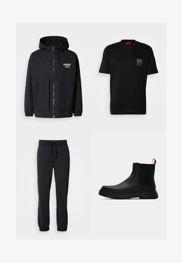 Čierna kapucňová bunda s plným predným zipsom, elastickými manžetami a dvojitými prednými vreckami. Tlačené logo na ľavej hrudi. Hladký povrch.; Čierne bavlnené tričko s okrúhlym výstrihom, s textúrovanou čiernou nášivkou s logom na ľavej hrudi. Krátke rukávy a voľný strih.; Čierne tepláky s elastickým pásom a šnúrkou. Na spodnej časti sú nariasené a na ľavej nohe majú jemne vyšitý logo. Mäkká textúra tkaniny.; Čierne členkové topánky s hladkým povrchom, elastickými bočnými panelmi a kontrastným červeným poutkom, vybavené hrubou gumovou podrážkou a zaoblenou špičkou.