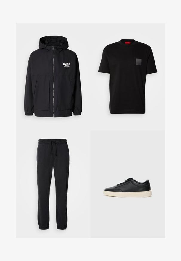 Melnā kapuce jaka ar pilnu priekšējo rāvējslēdzēju, elastīgām piedurknēm un divām priekšējām kabatām. Izdrukāts logo kreisajā krūtī. Gluda tekstūra.; Melnas kokvilnas T-kreklu ar apaļu kakla izgriezumu, ar strukturētu melnu uzšuvi ar logotipu kreisajā krūtī. Īsās piedurknes un brīvs piegriezums.; Melni sporta bikses ar elastīgu jostu un auklu. Savāktas apakšmalas un smalks izšūts logos kreisajā kājā. Mīksta auduma tekstūra.; Melnas zemas ādas sporta kurpes ar melnām auklām un off-white zoli, rādītas no sānu profila uz baltā fona.