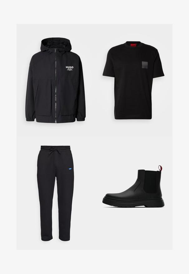 Melnā kapuce jaka ar pilnu priekšējo rāvējslēdzēju, elastīgām piedurknēm un divām priekšējām kabatām. Izdrukāts logo kreisajā krūtī. Gluda tekstūra.; Melnas kokvilnas T-kreklu ar apaļu kakla izgriezumu, ar strukturētu melnu uzšuvi ar logotipu kreisajā krūtī. Īsās piedurknes un brīvs piegriezums.; HUGO NANETTI - Treniņtērpa apakšdaļas - black; Melnas potītes ar gludu apdari, elastīgiem sānu paneļiem un kontrastējošu sarkano cilpu, aprīkotas ar biezu gumijas zoli un noapaļotu purngalu.