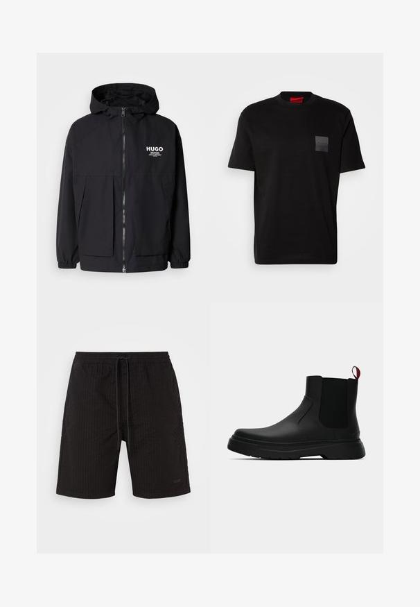 Schwarze Kapuzenjacke mit einem durchgehenden Reißverschluss an der Vorderseite, elastischen Bündchen und zwei vorderen Taschen. Bedrucktes Logo auf der linken Brust. Glatte Textur.; Schwarzes Baumwoll-T-Shirt mit Rundhalsausschnitt, versehen mit einem strukturierten schwarzen Patch mit Logo auf der linken Brust. Kurze Ärmel und entspannter Schnitt.; Schwarze Badehorts mit einem strukturierten, gerippten Muster. Elastischer Bund mit Kordelzug. Dezentes Branding auf der unteren Vorderseite. Keine Taschen.; Schwarze Knöchelstiefel mit glatter Oberfläche, elastischen Seitenpaneelen und einem kontrastierenden roten Zuglasche, ausgestattet mit einer dicken Gummisohle und einer runden Zehenpartie.