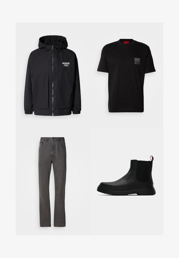 Zwarte hoodie-jack met een volledige rits aan de voorkant, elastische manchetten en twee voorzakken. Gedrukt logo op de linkerborst. Glad textuur.; Zwart katoenen T-shirt met een ronde hals, met een gestructureerde zwarte patch met logo op de linkerborst. Korte mouwen en een ontspannen pasvorm.; Grijze spijkerbroek met een rechte pijp, voorzien van voorzakken, een knoopsluiting en een subtiele textuur.; Zwarte enkelboot met een gladde afwerking, elastische zijpanelen en een contrasterende rode treklus, met een dikke rubberen zool en een afgeronde teen.