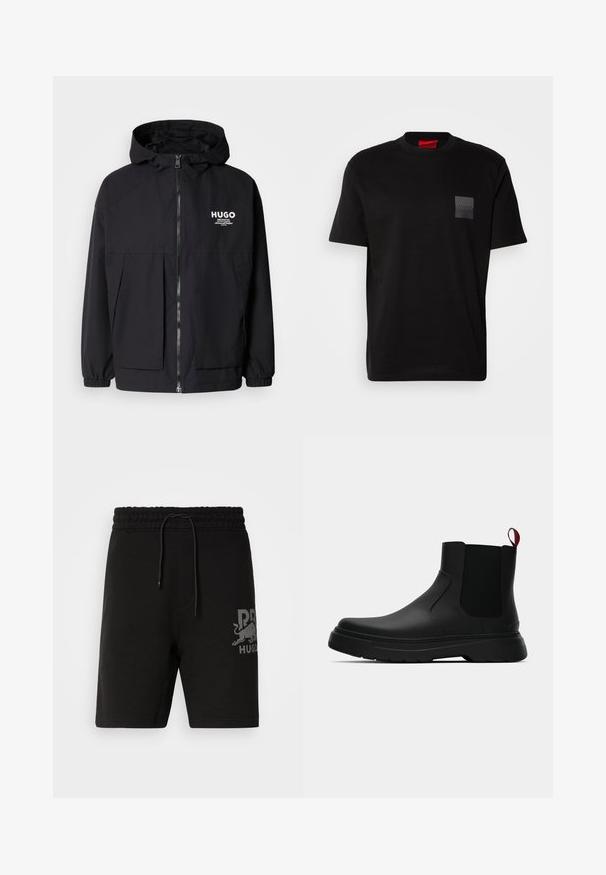 Schwarze Kapuzenjacke mit einem durchgehenden Reißverschluss an der Vorderseite, elastischen Bündchen und zwei vorderen Taschen. Bedrucktes Logo auf der linken Brust. Glatte Textur.; Schwarzes Baumwoll-T-Shirt mit Rundhalsausschnitt, versehen mit einem strukturierten schwarzen Patch mit Logo auf der linken Brust. Kurze Ärmel und entspannter Schnitt.; Schwarze Baumwollshorts mit einem elastischen Bund, Kordelzugverschluss und einem grauen Grafiklogo auf der linken Seite. Normale Passform, lässiges Design.; Schwarze Knöchelstiefel mit glatter Oberfläche, elastischen Seitenpaneelen und einem kontrastierenden roten Zuglasche, ausgestattet mit einer dicken Gummisohle und einer runden Zehenpartie.