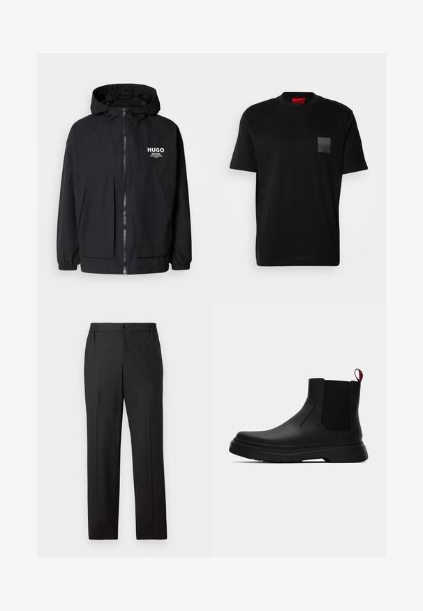 Črna kapuca jakna z full front zadrgo, elastičnimi manšetami in dvema sprednjima žepoma. Natisnjena logo na levi prsni strani. Gladka tekstura.; Črna bombažna majica s kratkimi rokavi in okroglim ovratnikom, z označeno teksturirano črno nalepko na levem prsnem delu. Ohlapen kroj.; Črne hlače s ravno krojem, elastičnim pasom z gumbom, ravnim sprednjim delom in gladko teksturo tkanine.; Črne gležnjarje z gladkim zaključkom, elastičnimi stranskimi paneli in kontrastnim rdečim izvlečnim trakom, ki vključujejo debel gumijast podplat in zaobljen nos.