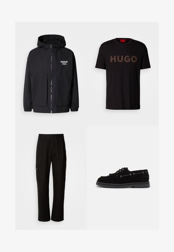 Schwarze Kapuzenjacke mit einem durchgehenden Reißverschluss an der Vorderseite, elastischen Bündchen und zwei vorderen Taschen. Bedrucktes Logo auf der linken Brust. Glatte Textur.; Schwarzes Baumwoll-T-Shirt mit einem großen, texturierten bronzefarbenen "HUGO"-Logo auf der Vorderseite. Es hat einen runden Halsausschnitt und kurze Ärmel.; Schwarze Cargo-Hosen aus Baumwolle mit lockerem Schnitt, seitlichen Taschen, Knopfverschluss und geradem Bein. Einfaches Design ohne Muster.; Schwarze Wildlederbootsschuhe mit einer runden Zehenpartie, Schnürung vorne, metallenen Ösen und einer grauen Gummisohle, die eine strukturierte Oberfläche aufweist.