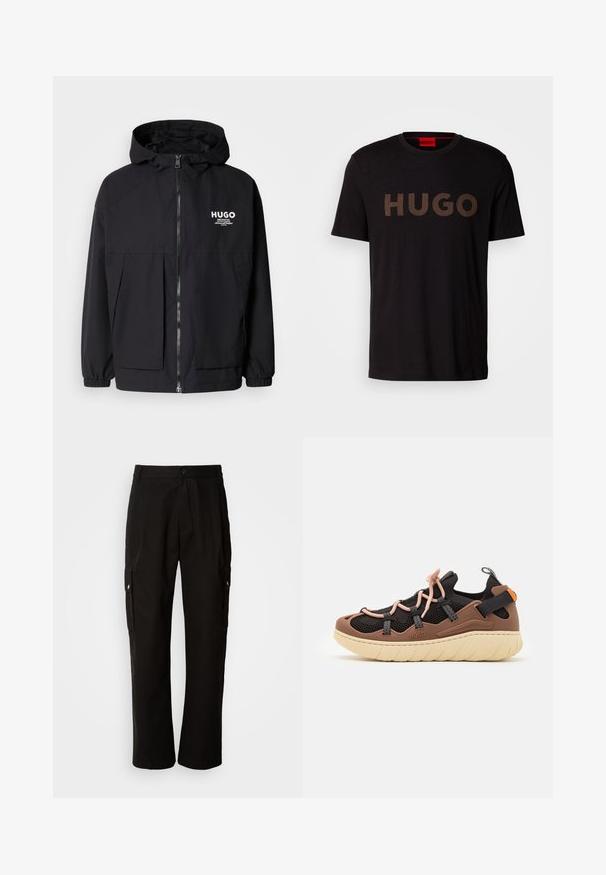 Svart hettegenser med full frontglidelås, elastiske mansjetter og doble frontlommer. Trykt logo på venstre bryst. Glatt tekstur.; Svart bomull T-skjorte med en stor, strukturert bronsefarge "HUGO" logo på forsiden. Den har rund hals og korte ermer.; Svart cargobukse laget av bomull med avslappet passform, med sidelommer, knappeåpning og rette ben. Enkelt design uten mønstre.; HUGO REEFLYN - Joggesko - open brown