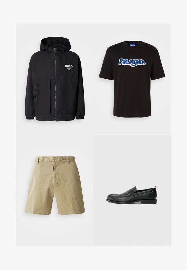 Čierna kapucňová bunda s plným predným zipsom, elastickými manžetami a dvojitými prednými vreckami. Tlačené logo na ľavej hrudi. Hladký povrch.; Čierne bavlnené tričko s modrým logom "hugo." a vzorovaným dizajnom. Krátke rukávy a kruhový výstrih.; Bežové bavlnené šortky s plochým predným dielom, gombíkovým zapínaním a pútkami na opasok. Majú jemnú textúru a malú červenú značkovú etiketu na páse.; Čierne kožené mokasíny s textúrovaným predným panelom a hladkými bokmi. Majú úzky podpätok a zadný pútko pre jednoduché obúvanie. Klasický dizajn.