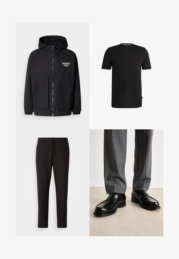 Melnā kapuce jaka ar pilnu priekšējo rāvējslēdzēju, elastīgām piedurknēm un divām priekšējām kabatām. Izdrukāts logo kreisajā krūtī. Gluda tekstūra.; Melnas īsām piedurknēm T-krekls, kas izgatavots no gludas kokvilnas, ar apaļu dekoltē. T-krekla kreisajā pusē tuvu apakšmalai ir diskrēta zīmola etiķete.; Melnas sporta bikses no gludas auduma. Tām ir elastīga josta ar auklu, sašaurinātas kājas un nav redzamu kabatu. Vienkāršs dizains.; Melnas ādas loafers ar gludu apdari, ar noapaļotu purngalu un dekoratīvu jostu, kopā ar pelēkiem biksēm.