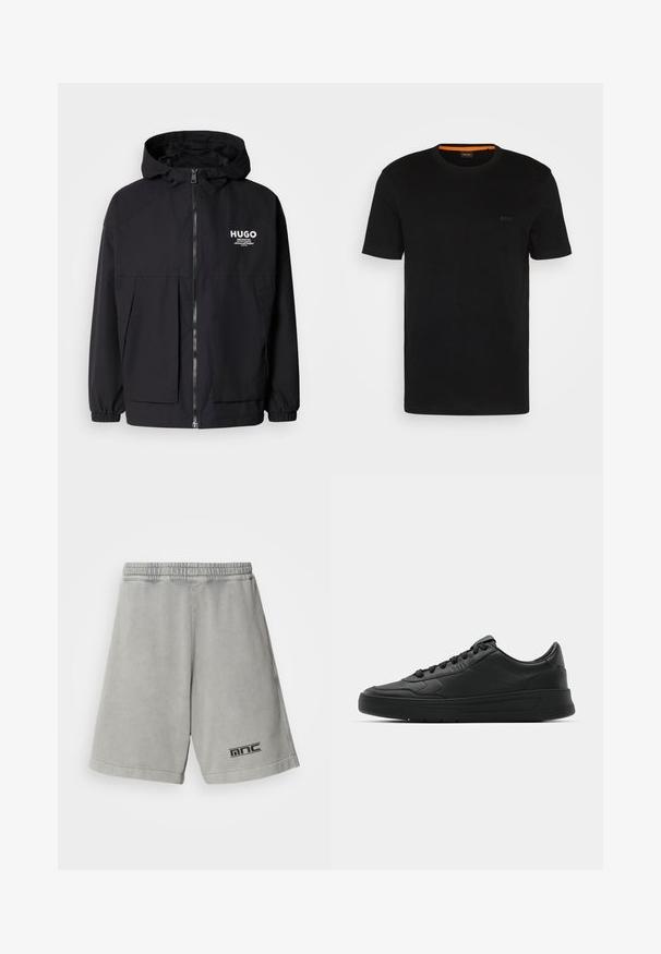 Čierna kapucňová bunda s plným predným zipsom, elastickými manžetami a dvojitými prednými vreckami. Tlačené logo na ľavej hrudi. Hladký povrch.; Čierne tričko s krátkym rukávom vyrobené z mäkkého materiálu, s okrúhlym výstrihom a jemným logom na prednej strane. Vnútorný golier má oranžový akcent.; Svetlo šedé bavlnené šortky s elastickým pásom, s čiernym logom na dolnej ľavej strane a hladkou, jednoduchou textúrou.; Čierne tenisky s hladkým koženým zvrškom, okrúlym špičkou, plochými šnúrkami, polstrovaným golierom a minimalistickým dizajnom. Gumená podrážka s jemným vzorom behúňa.