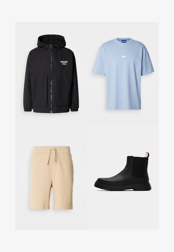 Svart hettegenser med full frontglidelås, elastiske mansjetter og doble frontlommer. Trykt logo på venstre bryst. Glatt tekstur.; Lys blå t-skjorte med korte ermer laget av bomull, med rund hals og en hvit rektangulær logo i midten på forsiden.; Beige bomullsbuksene med elastisk midjebånd, snøring, sidelomme og rett benkutt. Glatt tekstur og enkelt design.; Sorte ankelstøvler med en glat overflade, elastiske sidepaneler og en kontrastfyldt rød trækflik, med en tykk gummisål og rund tå.
