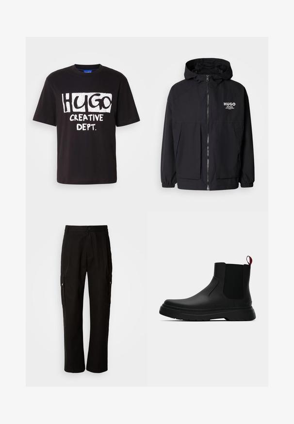 Juodas gobtuvas striukė su pilnu priekiniu užtrauktuku, elastinėmis rankovėmis ir dviem priekinėmis kišenėmis. Spausdintas logo ant kairės krūtinės. Lygus tekstūruotas paviršius.; Juodas medvilnės marškinėliai su balta grafine užrašu "HUGO" ir "CREATIVE DEPT." drąsiomis, žaismingomis raidėmis. Apvalus kaklas ir trumpomis rankovėmis.; Juodos krovinių kelnės, pagamintos iš medvilnės, laisvo kirpimo, su šoninėmis kišenėmis, mygtuko uždarymu ir tiesiomis kojomis. Paprastas dizainas, be raštų.; Juodas kulkšninis batas su lygiu paviršiumi, elastiniais šonų intarpais ir kontrastingu raudonu kilimėliu, turintis storą guminį pado ir apvalią nosį.