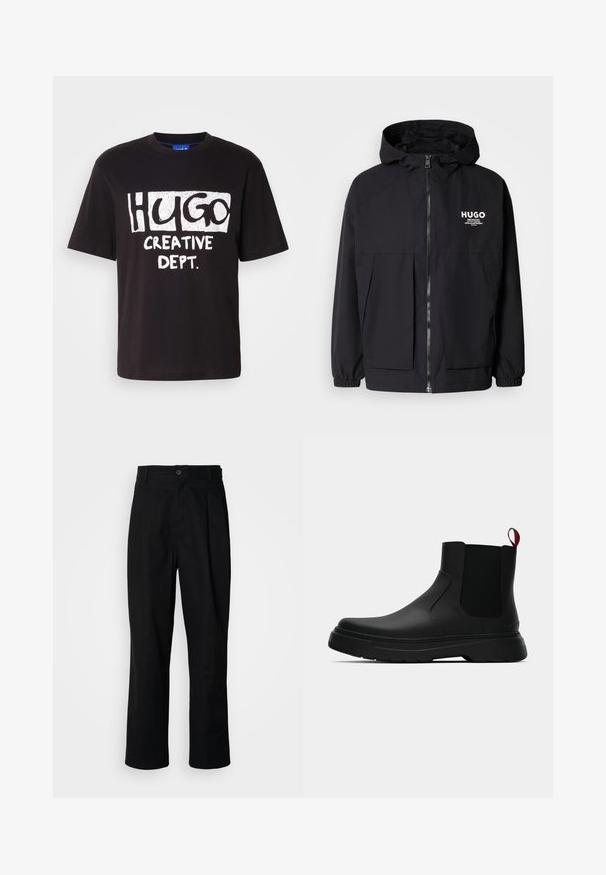 Chaqueta negra con capucha que presenta un cierre frontal completo, puños elásticos y dos bolsillos frontales. Logo impreso en el lado izquierdo del pecho. Textura suave.; Camiseta de algodón negra con texto gráfico blanco que dice "HUGO" y "CREATIVE DEPT." en fuentes negritas y juguetonas. Cuello redondo y mangas cortas.; Pantalones rectos negros con cintura con botones, trabillas para cinturón y pliegue frontal, exhibidos sobre un fondo blanco liso.; Botín negro con un acabado liso, paneles laterales elásticos y una lengüeta de tirón roja contrastante, que presenta una suela de goma gruesa y punta redondeada.