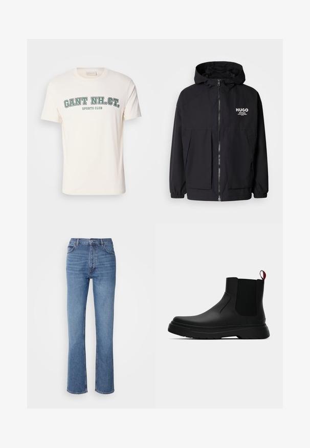 Crna kapuljača s punim prednjim zatvaračem, elastičnim rukavima i dvostrukim prednjim džepovima. Ispisani logo na lijevoj strani prsnog koša. Glatka tekstura.; Kremasta pamučna majica s okruglim izrezom i kratkim rukavima. Na prednjoj strani ispisano je "GANT NH. CT." i "SPORTS CLUB" u zelenom i crnom tekstu.; Plave traperice s visokim strukom, ravnim krojem i suptilnim izbljeđivanjem. Imaju klasičan stil s pet džepova i zatvaranje na patentni zatvarač.; Crni gležnjači s glatkom površinom, elastičnim bočnim panelima i kontrastnom crvenom vučnom petljom, s debelim gumenim potplatom i zaobljenim vrhom.