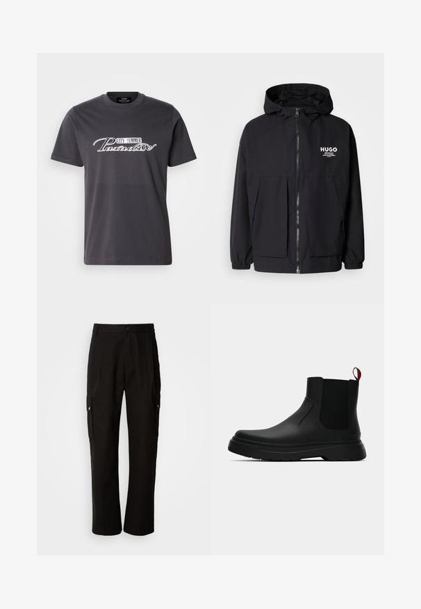 Melnā kapuce jaka ar pilnu priekšējo rāvējslēdzēju, elastīgām piedurknēm un divām priekšējām kabatām. Izdrukāts logo kreisajā krūtī. Gluda tekstūra.; Pelēka kokvilnas T-krekla ar apaļu kakla izgriezumu, kuram ir balts grafiskais attēls ar vārdiem "CITY SUMMER Paradise" stilizētā fontā.; Melnas kokvilnas kravas bikses ar brīvu piegriezumu, ar sānu kabatām, pogu aizdari un taisnām kājām. Vienkāršs dizains bez rakstiem.; Melnas potītes ar gludu apdari, elastīgiem sānu paneļiem un kontrastējošu sarkano cilpu, aprīkotas ar biezu gumijas zoli un noapaļotu purngalu.