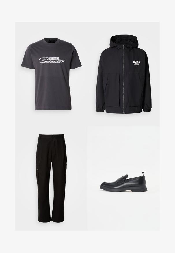 Černá kapucňová bunda s plným předním zipem, elastickými manžetami a dvojitými předními kapsami. Tištěné logo na levém prsu. Hladká textura.; Šedé bavlněné tričko s kulatým výstřihem, na kterém je bílý grafický potisk obsahující slova "CITY SUMMER Paradise" v stylizovaném písmu.; Černé cargo kalhoty vyrobené z bavlny s uvolněným střihem, vybavené bočními kapsami, zapínáním na knoflík a rovnými nohavicemi. Jednoduchý design bez vzorů.; Černé kožené mokasíny s kulatou špičkou, detailním páskem vpředu a nízkou gumovou podrážkou. Obsahují jemné prošívání a zadní poutko.