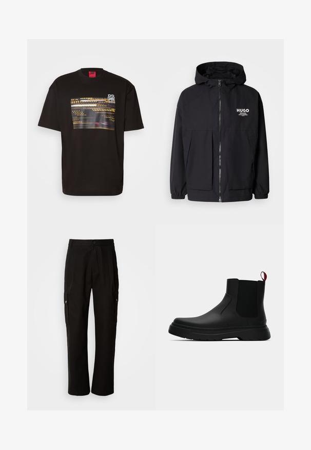Chaqueta negra con capucha que presenta un cierre frontal completo, puños elásticos y dos bolsillos frontales. Logo impreso en el lado izquierdo del pecho. Textura suave.; Camiseta de algodón negra con un gráfico rectangular colorido de luces desenfocadas en el frente, con un logotipo en la esquina superior.; Pantalones cargo negros de algodón con un corte relajado, que cuentan con bolsillos laterales, cierre de botón y perneras rectas. Diseño simple sin patrones.; Botín negro con un acabado liso, paneles laterales elásticos y una lengüeta de tirón roja contrastante, que presenta una suela de goma gruesa y punta redondeada.