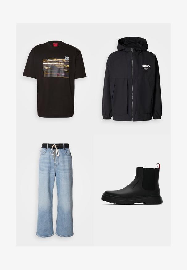 Sort hættejakke med lynlås foran, elastiske manchetter og to foran lommer. Trykt logo på venstre bryst. Glat tekstur.; Sort bomulds T-shirt med et rektangulært farverigt grafisk motiv af slørede lys foran, med et logo i det øverste hjørne.; Lysblå wide-leg jeans med en sort elastisk talje, der har bindebånd og klassisk fem-lomme design.; Sort ankelstøvle med en glat overflade, elastiske sidepaneler og en kontrasterende rød træksløjfe, der har en tyk gummisål og rund tå.