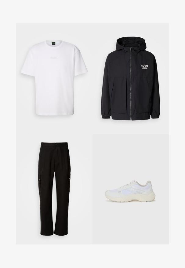 Melnā kapuce jaka ar pilnu priekšējo rāvējslēdzēju, elastīgām piedurknēm un divām priekšējām kabatām. Izdrukāts logo kreisajā krūtī. Gluda tekstūra.; Balta kokvilnas T-kreklu ar īsām piedurknēm, apaļu kakla izgriezumu un izsistām "BOSS" logo uz krūtīm. Gluda tekstūra, standarta piegriezums.; Melnas kokvilnas kravas bikses ar brīvu piegriezumu, ar sānu kabatām, pogu aizdari un taisnām kājām. Vienkāršs dizains bez rakstiem.; Baltas sporta apavi, kas izgatavoti no sieta un zamšāda, ar teksturētu starpzoli, teksturētām akcentēm un "HUGO" logo sānos.