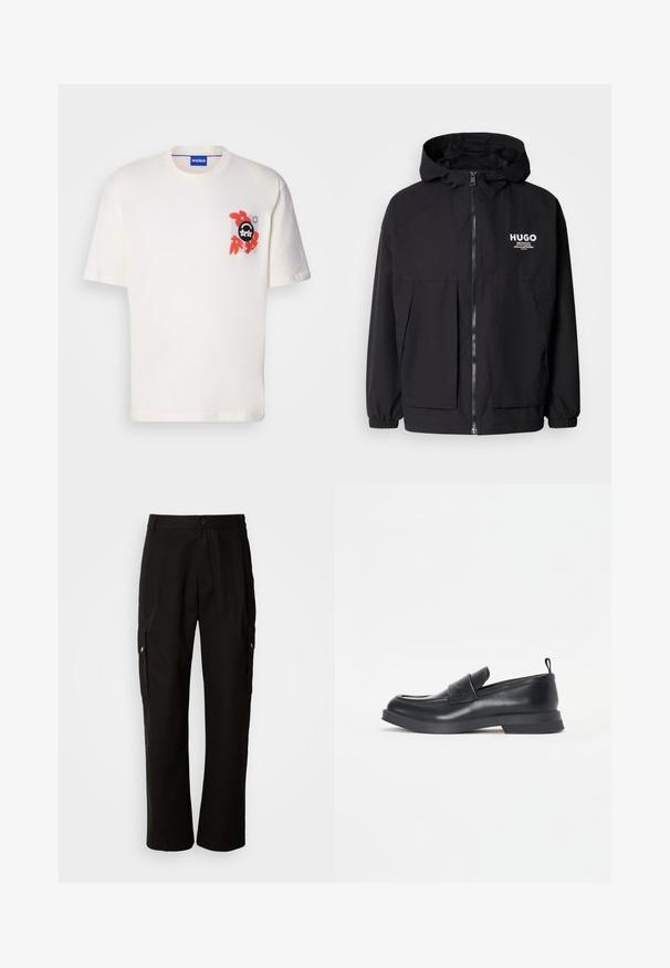 Melnā kapuce jaka ar pilnu priekšējo rāvējslēdzēju, elastīgām piedurknēm un divām priekšējām kabatām. Izdrukāts logo kreisajā krūtī. Gluda tekstūra.; Balta kokvilnas T-krekls ar krāsainu grafisko dizainu krūtīs, ar sarkaniem akcentiem un melnu emblēmu, īsām piedurknēm un apaļu kakla izgriezumu.; Melnas kokvilnas kravas bikses ar brīvu piegriezumu, ar sānu kabatām, pogu aizdari un taisnām kājām. Vienkāršs dizains bez rakstiem.; Melnas ādas loafers kurpes ar noapaļotu purngalu, priekšējo siksnu detaļu un zemu gumijas zoli. Iekļauj diskrētu šuvēm un aizmugurējo cilpu.
