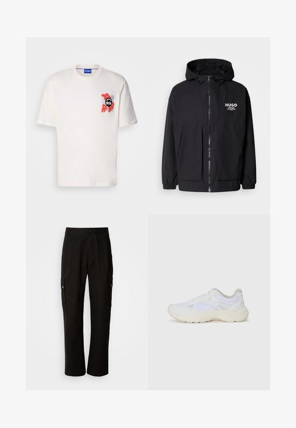 Sort hættejakke med lynlås foran, elastiske manchetter og to foran lommer. Trykt logo på venstre bryst. Glat tekstur.; Hvid bomulds t-shirt med et farverigt grafisk design på brystet, røde accenter og et sort emblem, korte ærmer og rund halsudskæring.; Sorte cargo bukser lavet af bomuld med en afslappet pasform, der har sidelommer, knaplukning og lige ben. Enkel design uden mønstre.; Hvide sportssko lavet af mesh og ruskind, med en struktureret mellemsål, strukturerede detaljer og "HUGO"-logoet på siden.