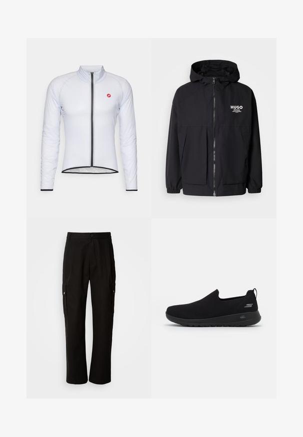 Black hooded jacket featuring a full front zip, elastic cuffs, and dual front pockets. Printed logo on the left chest. Smooth texture.; White cycling jacket with long sleeves, high collar, and front zipper. Features a small red logo and contrasting black hem and cuffs.; Black cargo pants made of cotton with a relaxed fit, featuring side pockets, a button closure, and straight legs. Simple design without patterns.; Black slip-on sneaker with a breathable mesh upper, round toe, and cushioned rubber sole. Features a logo on the side.